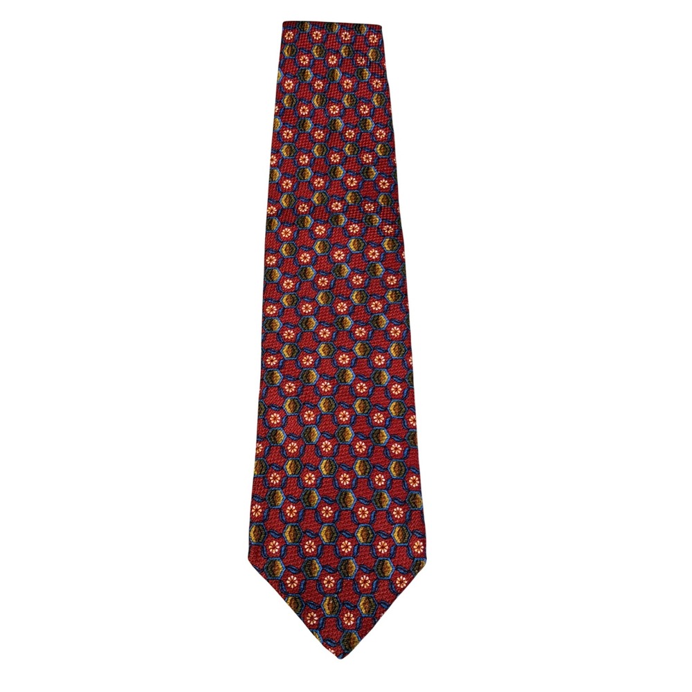 Ermenegildo Zegna Silk Tie Red Blue Gold Geometric Floral Made in Italy Mens